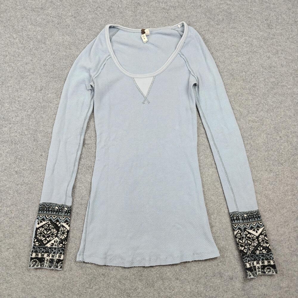 We The Free Tunic Womens Medium Blue Scoop Neck Long Sleeve Studded Button Cuff